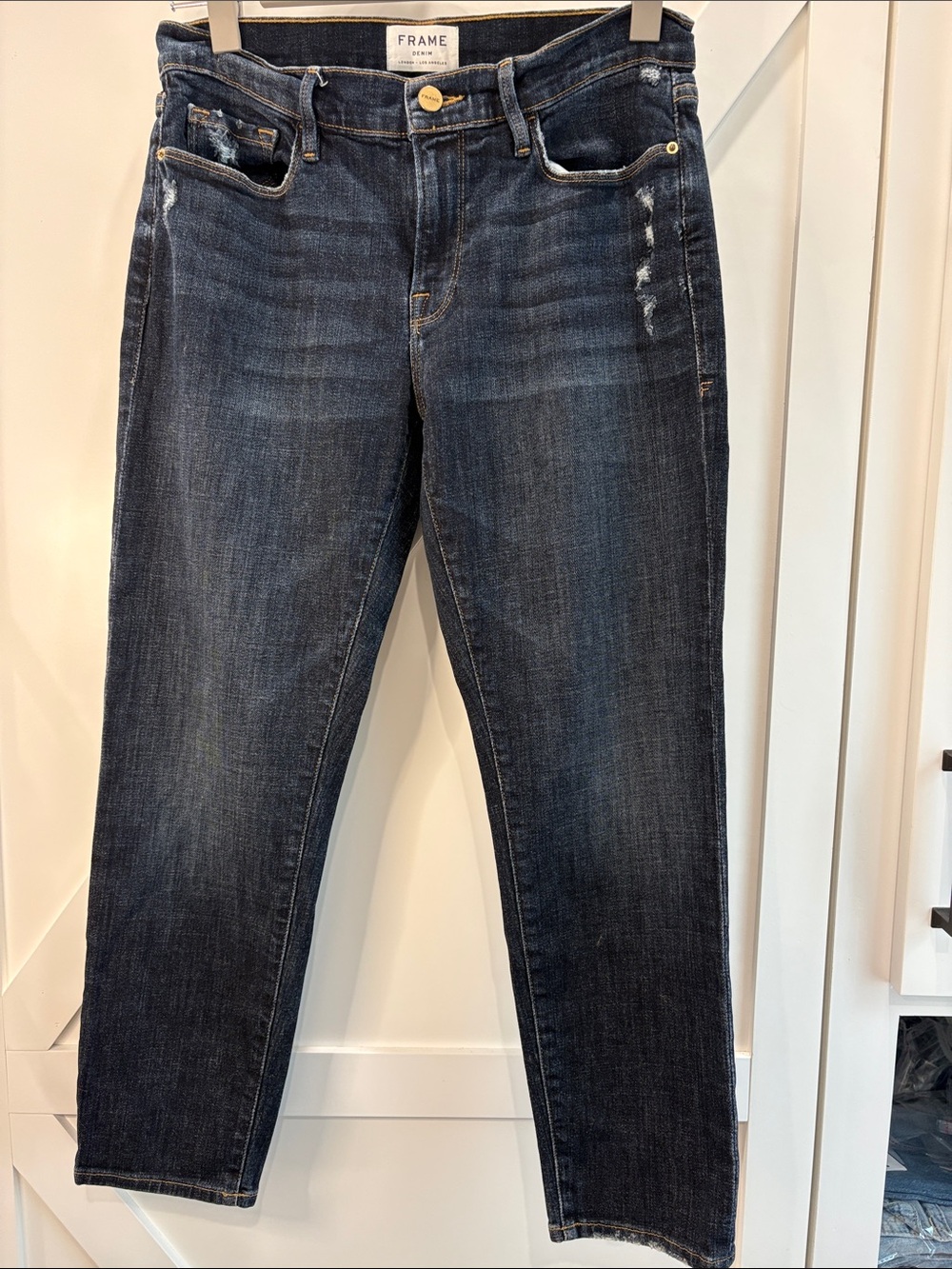 Frame Le Garçon Crop Jeans Size 27 Dark Wash Distressed Raw Hem